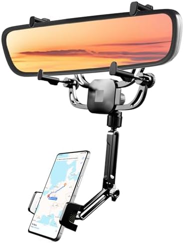 Karmus Rear View Mirror Phone Holder – Fits Thick Mirrors, Clip-On Rearview Mirror Phone Holder Mount for Car Truck, iPhone Android Compatible Foldable Adjustable Solid Metal Arm Hands-Free Navigation