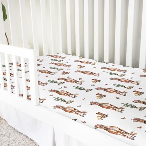 Image of Watercolor Cowboy Horse Floral Baby Crib Sheet 52''x28'' Western Cowboy Boots Hats Cactus Stretchy Fitted Crib Mattress Cover for Boy Girl Wild Soft Baby Sheets for Standard Crib Toddler Mattress