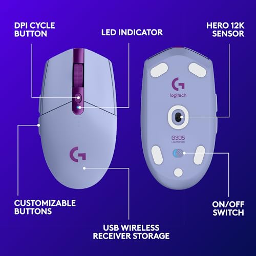 Image of Logitech G305 Lightspeed Wireless Gaming Mouse, Hero Sensor, 12,000 DPI, Lightweight, 6 Programmable Buttons, 250h Battery, On-Board Memory, Compatible with PC, Mac - Lilac