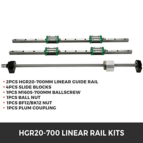 Bestequip Linear Guide Rail 2Pcs Hgr20-700Mm Linear Slide Rail With 1Pcs Rm1605-700Mm Ballscrew With Bf12/Bk12 Kit Linear Slide Rail Guide Rail Square For Diy Cnc Routers Lathes Mills #TOP1