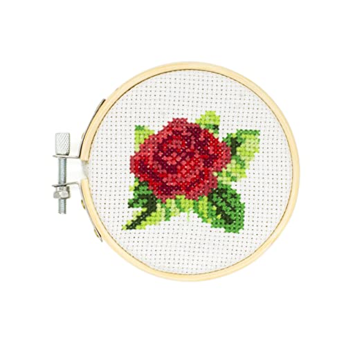 Image of Kikkerland DIY Mini Cross Stitch Rose Embroidery Craft Starter Kit Set, with Pattern Instructions, 3 inch Bamboo Hoop, Stress Relief, Adult Beginner Friendly