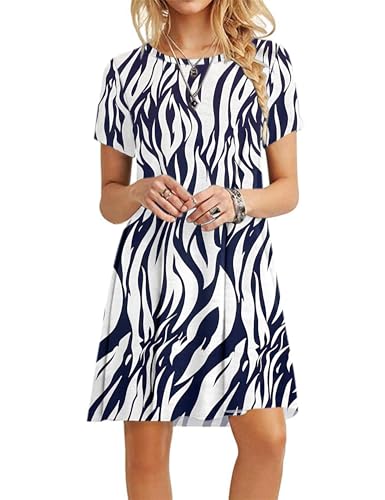 MOLERANI Summer Dresses for Women UK Casual T-Shirt Dress Short Sleeve Ladies Beach Dress (XL, White Navy Leaf)