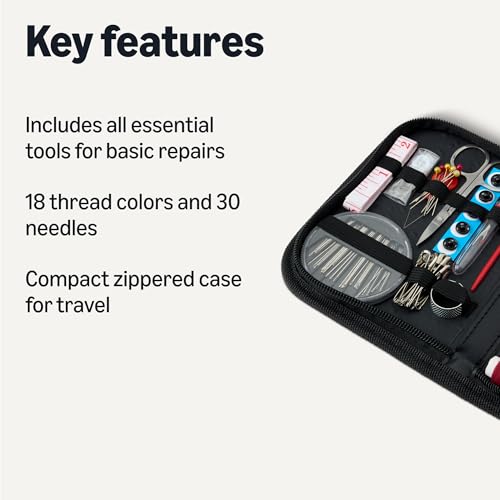 Image of Amazon Basics Portable Travel Sewing Kit for Adults, Includes Threads, Needles, Scissors, Buttons, Thimbles, Measuring Tape, Threader, Seam Ripper and Safety Pins, Black