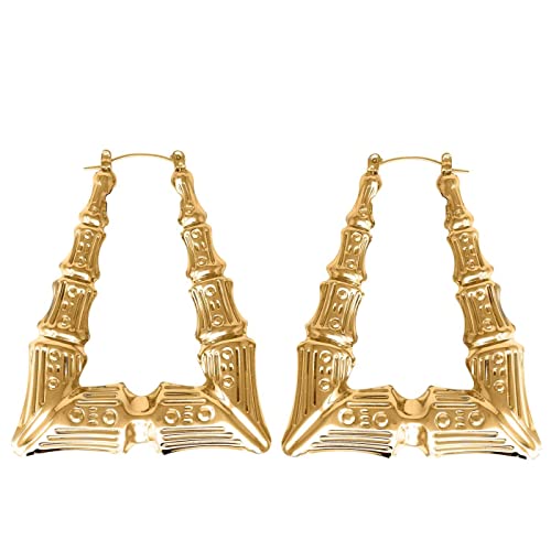 2-Inch Gold Plated Triangular Bamboo Hoop Earrings – 80s & 90s Inspired Door Knocker Style – Lightweight Retro Jewelry for Hip Hop Party – Made in Korea