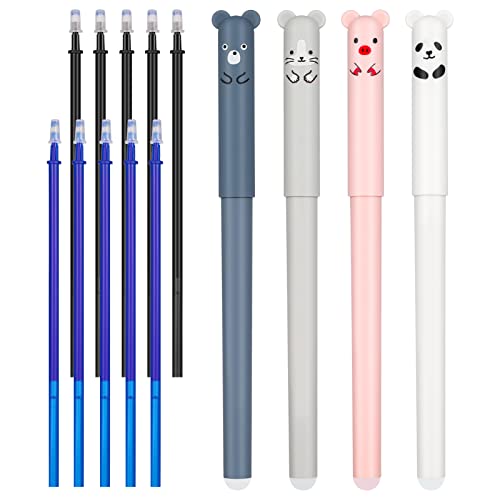 SOSPIRO Lot de 4 stylos à encre gel effaçable à sec + 5 recharges bleues + 5 recharges noires pour bureau, examen/école Creative Cartoon Cover
