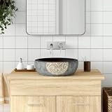 QJBSAVVA Lavabo da appoggio in ceramica, nero, marrone, rotondo, 41 x 14 cm, realizzato a mano, con motivo vintage, per bagno, lavanderia e stanza del trucco