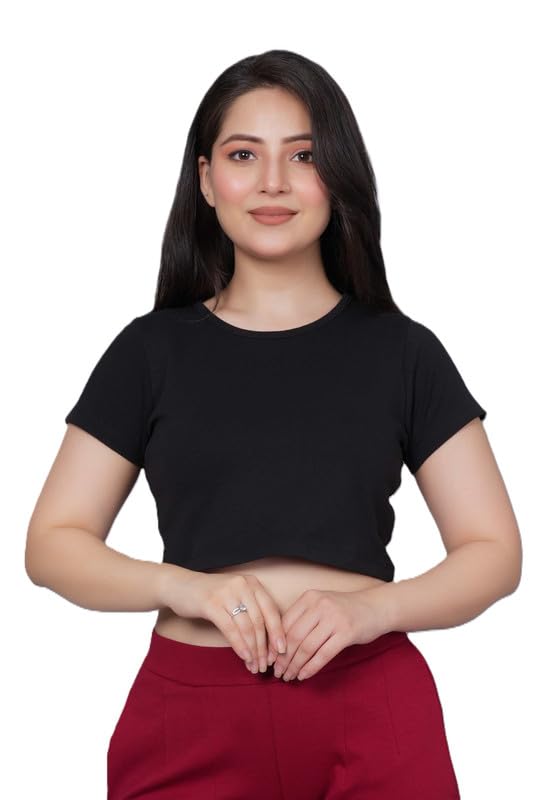 mlada Rib Crop Top for Women | Round Neck Cotton Crop Tshirt | Regular Fit Cropped Tshirt for Women | Short Sleeves Crop Tops for Women | Solid Crop Tshirt for Women | Rib Knit Crop Top for Women-picture-42