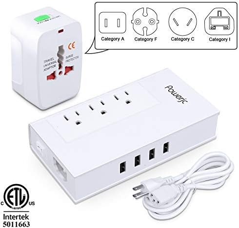 Voltage Converter UK/AU/US/EU Worldwide Plug Adapter with 3 Outlets and 4 Smart USB Charging Ports Powerjc(White)