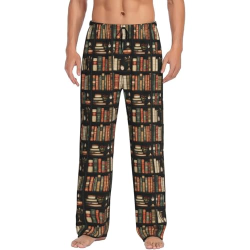 Mens Pajama Pants - Retro Bookshelf Print Soft Sleep Lounge Pants For Men, Casual Pj Bottoms With Pockets4