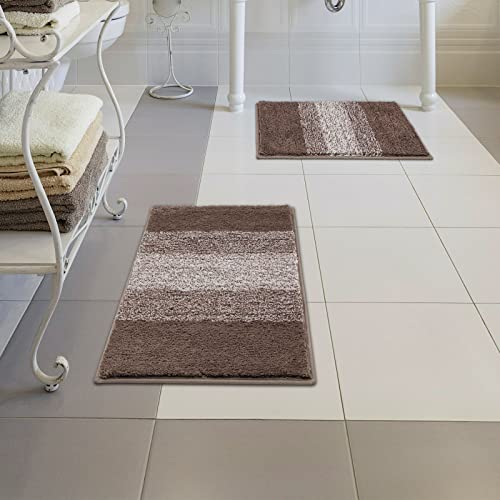 Vaukki Luxury Soft Bathroom Rugs Set Of 2, Non Slip Washable Plush Bath Floor Mats, Microfiber Shaggy Absorbent Striped Bath Carpet For Tub, Bathroom And Shower (18''X26''+20''X32'', Coffee) #TOP6