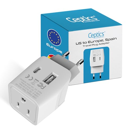 Ceptics 3 in 1 European Travel Plug Adapter - Compact Type C Adapter with USB-A & USB-C, Ideal for Phones, Laptops, Cameras & More, Perfect for Belgium, France and other EU countries - CTU-9C