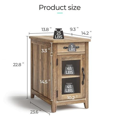 LINSY HOME Farmhouse End Table with Charging Station, Narrow Side Table for Living Room, Sofa Side Table with Drawer and Storage Cabinet, Small Nightstand for Home Office