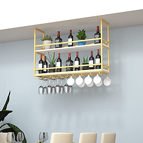 QRBNFRDE Hanging Storage Shelves, Golden Hanging Wine Rack, Industrial Style Wrought Iron Double Ceiling Hanging Kitchen Storage Rack Home Decoration,Golden-100x30x80cm