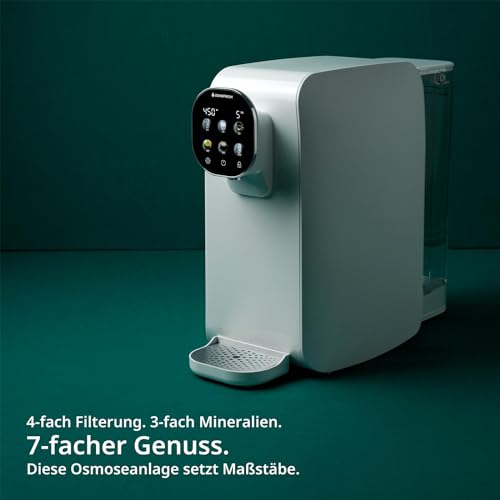 Quella Pro White Countertop Osmosis System with Hot Water Dispenser, 6 Temperature Levels, 7-Way Reverse Osmosis Filtering, Water Filter for Kitchen, Office, Motorhome, Lime-Free Drinking