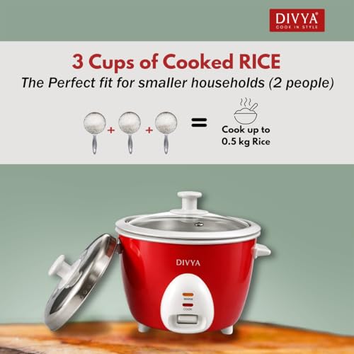 Image of DIVYA 1.0 L Drum Electric Rice Cooker for Home | 400 W | Double Pot Anodised Aluminium | Glass & Stainless Steel Lid | Cook & Keep Warm Function | Compact Rice Cooker | Red
