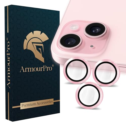 Image of ArmourPro Premium Camera Lens Protector Tempered Glass Compatible For iPhone 15 and iPhone 15 Plus Tough HD Individual Aluminum Alloy Rings 9H Camera Cover , Scratch-Resistant,Camera Lens Protection| Pink