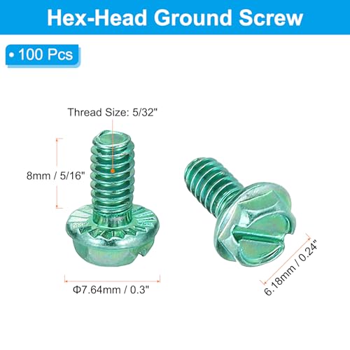Image of PATIKIL 5 /32 x 5 /16 Inch Thread Ground Screws, 100 Pack Green Electrical Grounding Screw Slotted Hex Head Flanged for Home Electrical Lamp