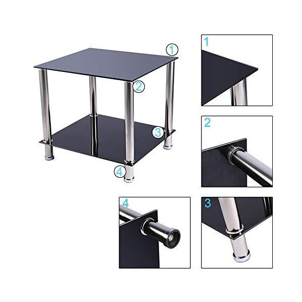 Yosoo 2 Tier End Table Coffee Table Side Table Display Stand or Lamp Table with Tempered Glass Shelves and Chrome Leg, 20''x18''x18'', Black - Image 5