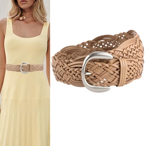 Women's Wide Braided Leather Belt with Silver Buckle, Hand-Woven Design with Silver Buckle2