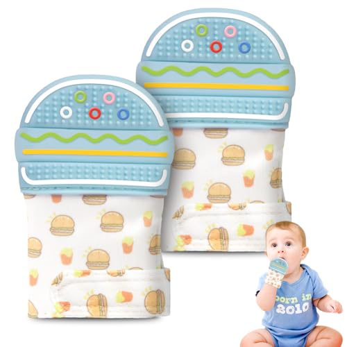 Image of 2Pack Silicone Teething Mitt, Hamburger Baby Teething Toy for 0-6 6-12 Months, Food Grade Silicone Infant Teething Mitten, BPA-Free Baby Chew Toys for Pain Relief, Sucking Needs