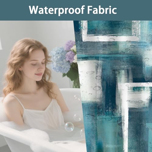 Moyrisou Boho Teal Blue and White Abstract Shower Curtain 72x72in, Retro Rustic Waterproof Fabric Polyester Bathroom Decor Turquoise Aqua Gray Modern Geometric Art Oil Painting with 12 Hook by Moyrisou - Used condition - Image 5