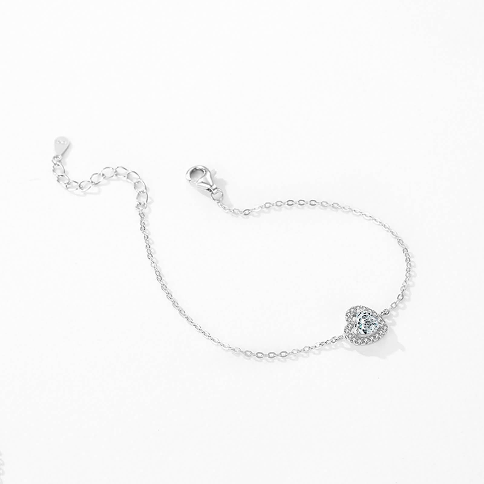 Pulsera Oro Blanco 9K / 14K / 18K Mujer, Cadena con Corazón y Diamante Creado de 0,5 ct, Cadena Extensible 16 CM + 5 CM, Pulseras para Mujer Ajustable Plata