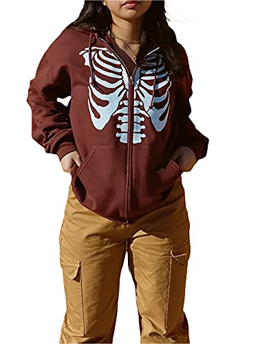 Femmes Y2K E-Girl Graphic Hoodies Manches Longues Zip Up Lâche Sweats À Capuche Pull (Brown, Small) Cover
