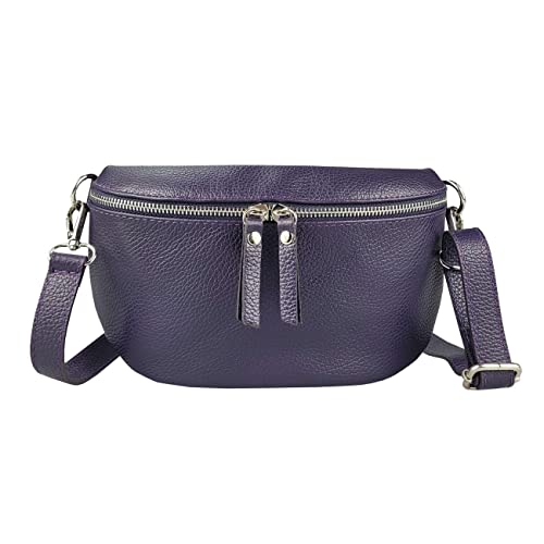 Made in Italy Damen Leder Tasche Handytasche Gürteltasche Crossbody Hüfttasche Bauchtasche Umhängetasche Cross-Over Bodybag Schultertasche Kosmetiktasche Lila