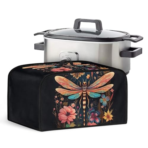 YUVAMAGIMO Dragonfly Flower Crock Pot Dust Cover Cute Crock Pot Cover with Accessory Storage Mesh Bag Oval Lid Suitable for Use in 6-8 Quart Household Kitchen Appliances Gifts for Family