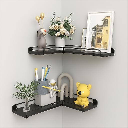 Set of 2 Corner Floating Shelves - Wooden Wall-Mounted Shelves (40x29x4cm) - Space-Saving Corner Shelf for Bathroom, Living Room & Bedroom - Includes Mounting Hardware (Black)
