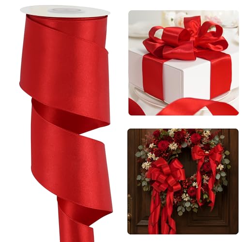 HUIHUANG Red Wired Satin Ribbon 2.5 inch Red Wire Edge Ribbon for Wreaths Bows Making Gift Wrapping Holiday Home Decor Crafts Christmas Tree Bows-Continuous 10 Yards