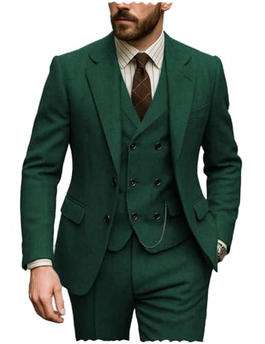 Men's Suits Slim Fit 3 Pieces Double Breasted Tweed Herringbone Jacket+Vest+Trousers Wedding Grooms