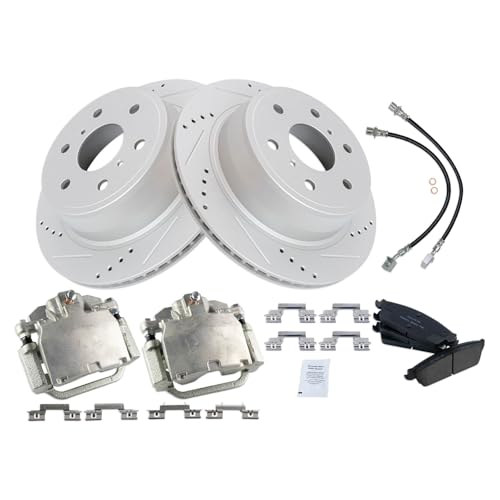 Image of TRQ Performance Rear Brake Pad and Rotor Set Ceramic Slotted Drilled Coated Rotors Calipers Compatible with 2007-2013 Chevrolet Silverado 1500 Sierra 1500