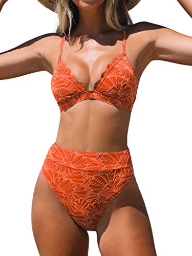 CUPSHE Conjunto de bikini para mujer, traje de baño de cintura alta, cuello en V festoneado, traje de baño de dos piezas, Coral Naranja, S