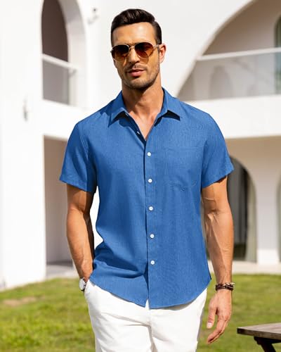 Image of Alimens & Gentle Mens Linen Shirts Short Sleeve Button Down Shirts Wrinkle Free Casual Vacation Beach Summer Tops
