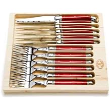 Red Handle Cutlery Set 12 Pc Flatware with 6 Knives and 6 Forks - Kitchen Essentials for New Home or Small Apartment - Ideal for Wedding Gifts Red