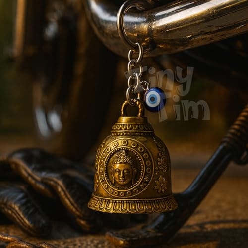 Image of Tiny Tim Guardian Bell with Evil Eye Charm - Protective Motorcycle & Car Accessory - Tibetan-Inspired Design - Wards Off Negative Energy - Ideal Gift for Bikers & Travelers