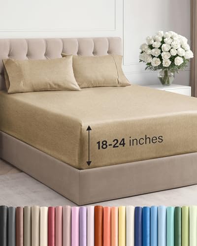 Image of Extra Deep Twin Sheet Set - 4 Piece Breathable & Cooling - Heathered Tan | Hotel Luxury Bed Sheets Set, Easy & Secure Fit, Ultra-Soft, Wrinkle & Fade Free, Comfy Sheets Set with Extra Deep Pockets