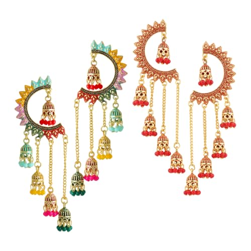 Image of WORLD CRAZE Multicolour long kashmiri jhumka for women chandbali earrings chand baliyan | kashmiri earrings for women | bahubali earrings stylish | Traditional Indian Festive Jewelry | Long Chain Tassels | Pearl Drop Latkan Jewellery (Multi colour)