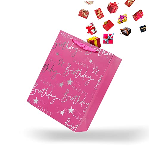 Elephant-Package Paper Gift Bag Silver Metallic Happy Birthday Printed, Large Gift Bag For Kids Birthday (12.6" Pink) #TOP3