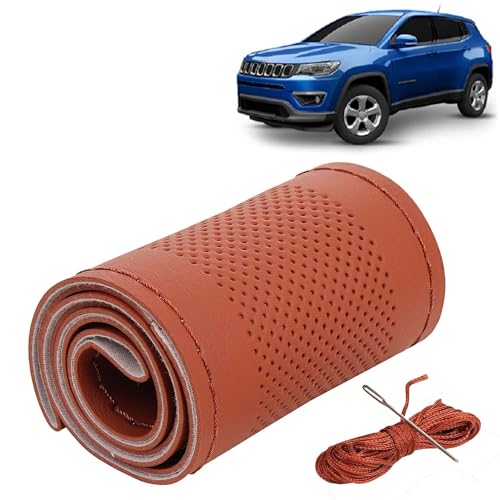 Image of KINGSWAY PU Leatherite Car Steering Cover Sewable Compatible with Jeep Compass (Year 2017-2020), Tan Color with Tan Thread, Pack of 1 with Sewing Needle and Thread