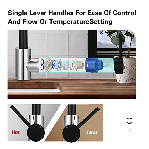 Kitchen Sink Mixer Tap with 360 Swivel Spout, Monobloc Kitchen Faucet Mixers 1 Hole Rectangle L-Shaped Single Lever Bar Taps, Chrome and Matte Black - Image 4