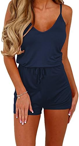 Dreamskull Women Summer Casual Spaghetti Strap Adjustable Waist Drawstring Short jumpsuit Solid Cami Romper for girl