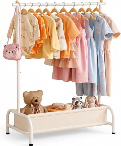 MISSLO Kinder Kleiderständer mit Aufbewahrungskiste Metall Kleiderstange für Kleinkinderzimmer Schwerlast Garderobenständer für Baby Kleidung Weiß