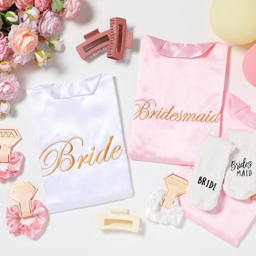 Image of Bonuci 24 Pcs Bride Bridesmaid Robes Set of 6 Bridal Silk Satin Robes for Wedding Bachelorette Party Bridal Shower Gifts
