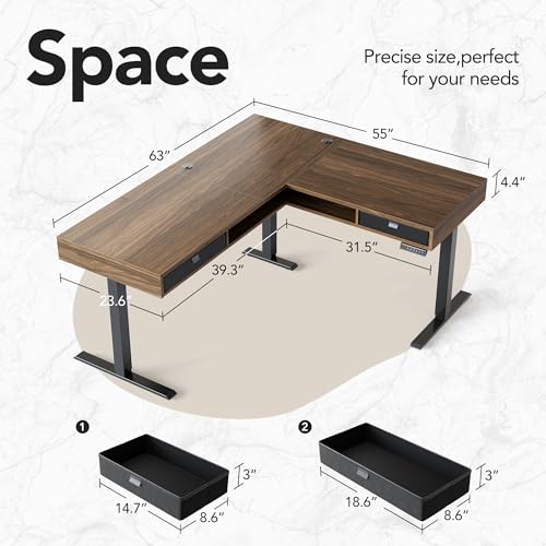 Image of HUANUO Electric L Shaped Standing Desk, 63″x55″ Height Adjustable Corner Computer Desk with 2 Under Desk Drawers & Open Storage Sapce, Sit Stand Up Table with Power Strip Tray & Cable Grommets, Walnut
