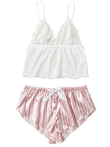 SheIn Women's Floral Lace Bralette with Striped Satin Shorts 2 Piece Lingerie Set Pink Striped Large