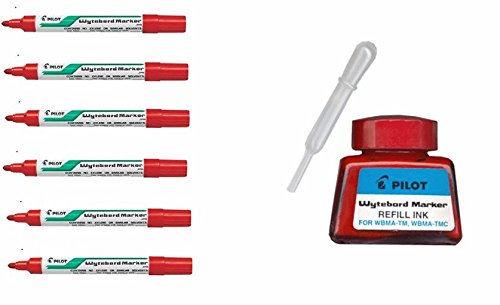 PILOT 6 WBMA Whiteboard Markers + Refill Ink Pot (Red)