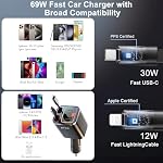 4 en 1 Chargeur de voiture rétractable,69W USB-C Chargeur de voiture rapide, pour iPhone 17/16/15/14/13/12/11, Android,Pixel, Chargeur d'éclairage Cigarette (Grey, Light-ning+USB-C (RGB))