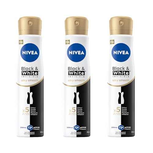 Nivea Black & White Invisible Silky Smooth x5, 72H Active Antiperspirant Spray 200ml, Long-Lasting 72 Hour Protection, No White Marks or Yellow Stains, Gentle on Skin, Silky Soft Underarms, Pack of 3